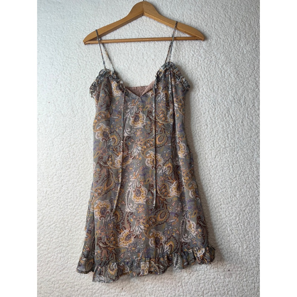 Molly Green Paisley Mini Dress SM Sage Green Boho Ruffle Smocked Back Tie Neck